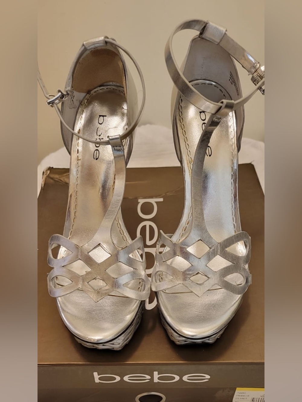 Bebe Silver Basket-Weave T-Strap Platform Sandals